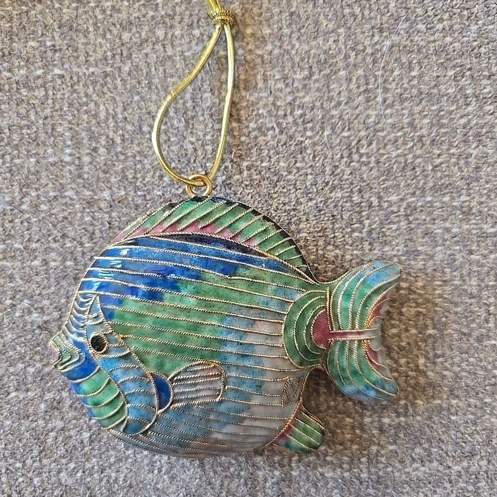 Vintage Blue & Green Cloisonne Enamel Colorful Gold Detailed Fish Ornament 4”
